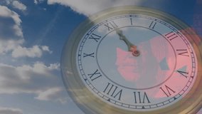 At start analog clock hands advancing while clouds drifting under red face to show time passing. Timing, transience, surrealism, symbolism, weather, motion, conceptual - Powered by Shutterstock - Get 15% off with code: PIKWIZARD15