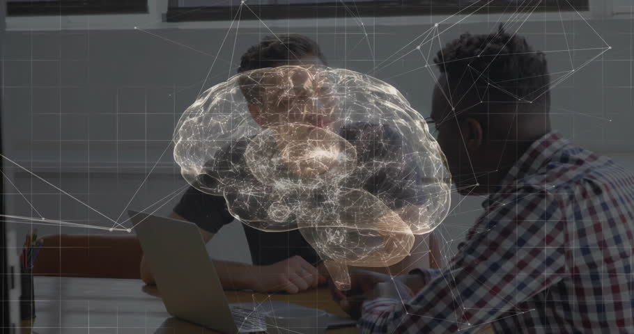 Coworkers interacting with laptop and generating rotating holographic brain for tech analysis. Collaboration, innovation, technology, neuroscience, futurism, digital, workplace
