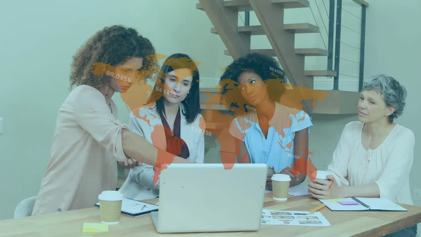 Curly-haired consultant gesturing at laptop world map and guiding team business analysis over chart. Collaboration, teamwork, data analysis, professional, corporate, innovation, strategy - Powered by Shutterstock - Get 15% off with code: PIKWIZARD15