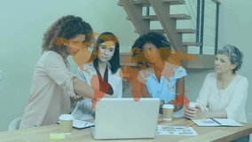 Curly-haired consultant gesturing at laptop world map and guiding team business analysis over chart. Collaboration, teamwork, data analysis, professional, corporate, innovation, strategy - Powered by Shutterstock - Get 15% off with code: PIKWIZARD15