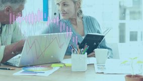 Analyst typing and pointing, colleague writing notes for finance review with pulsing graph overlay. Business, teamwork, analytics, collaboration, innovation, data visualization, professional - Powered by Shutterstock - Get 15% off with code: PIKWIZARD15