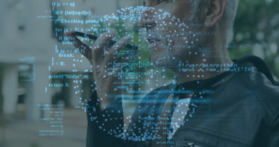 Man lifting phone to mouth activating tech overlay pulsing sphere asking assistant lowering phone. Futuristic, technology, innovation, connectivity, interface, urban, ai