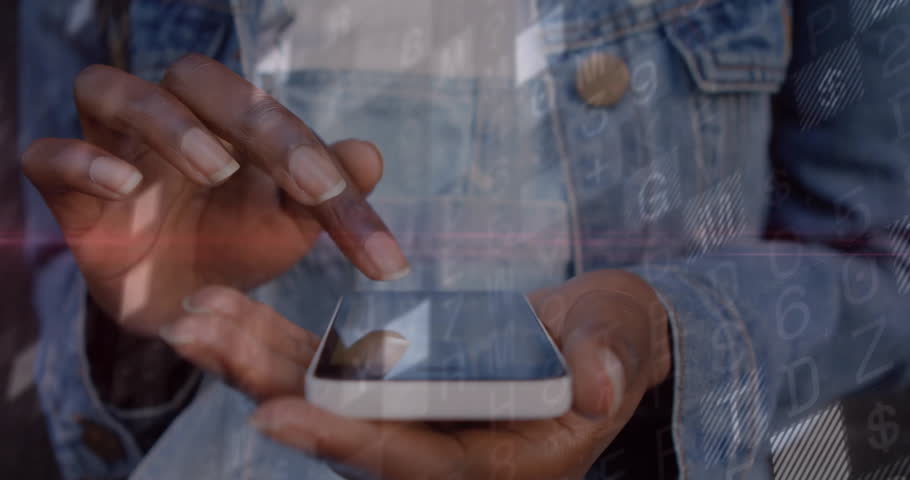Woman tapping smartphone screen on denim jacket, reviewing past yearly data with tech overlays. Technology, touchscreen, data visualization, temporal, innovation, mobile, analytics