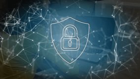 Padlock shield materializing on PC startup and network nodes connecting with globe for security. Cybersecurity, digital, encryption, protection, innovation, data, technology - Powered by Shutterstock - Get 15% off with code: PIKWIZARD15