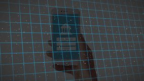 Grid overlay opening and graphing while fingerprint scan bar passing with pulsing security shields. Cybersecurity, digitalidentity, biometricauthentication, dataprotection, technology, innovation, - Powered by Shutterstock - Get 15% off with code: PIKWIZARD15