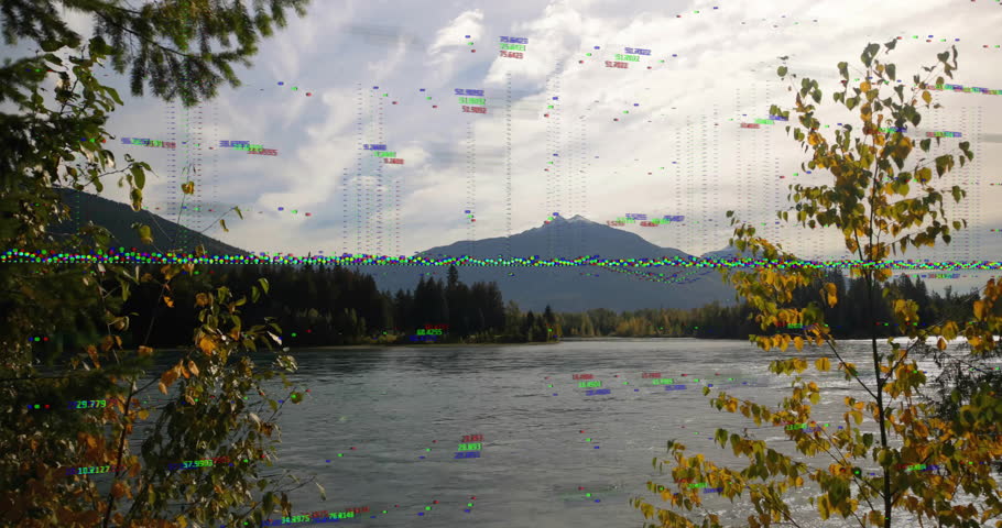 Pixel line emerging sparking glitch circle pulsing dissolving restoring autumn river landscape. Nature, serenity, digital art, visual distortion, landscape, tranquility, technology