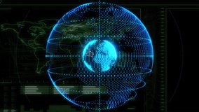 Sequence opening rotating blue wireframed globe scanning rings and shifting icons for network sync. Technology, cyberspace, data, connectivity, digital, network, futuristic - Powered by Shutterstock - Get 15% off with code: PIKWIZARD15