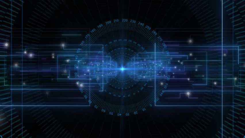 Futuristic blue UI appearing emitting lines forming shapes rotating dial pulsing visualizing data. Technology, abstract, modern, digital, innovation, sci-fi, interface