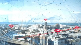 Holding steady, 3D red bars sliding and growing, arrow rising and Wi-Fi icons anchoring data growth. Technology, data, analytics, urban, innovation, digital, network - Powered by Shutterstock - Get 15% off with code: PIKWIZARD15