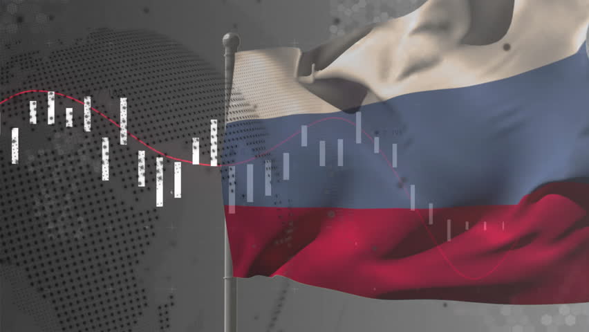 Russian flag fluttering initiating bar chart dropping, peaking, dipping, recovering over dotted map. Finance, market, analytics, economy, data visualization, global, investment