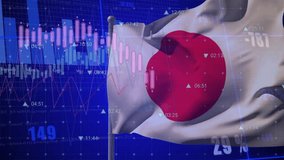Breeze intensifying causing Japanese flag on pole billowing while charts updating market trends. Nationalism, finance, technology, analytics, digital, economy, business - Powered by Shutterstock - Get 15% off with code: PIKWIZARD15
