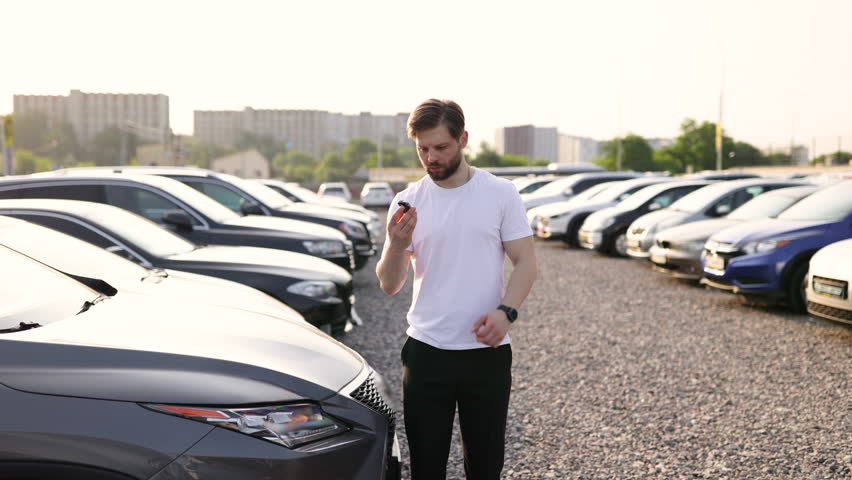 A man happily displays car keys after purchasing a vehicle from a dealership. Sunlight bathes the scene.
