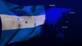 At start Honduras flag waving with numeric data flowing and candlesticks rising illustrating market. Technology, finance, data visualization, digital, analytics, investment, global - Powered by Shutterstock - Get 15% off with code: PIKWIZARD15
