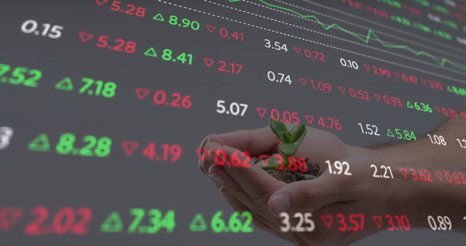 Hands entering frame cupping green sprout while stock data updating graph illustrating volatility. Growth, investment, finance, market, sustainability, technology, analysis
