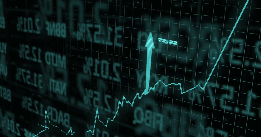 Grid animating, map fading, markers appearing, arrows rising, graph pulsing showing growth. Technology, data visualization, analytics, finance, digital interface, innovation, futurism