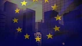 Gold star circle fading over skyline triggers rotating and panning, revealing sunlit city view. Cityscape, skyscrapers, sunrise, reflection, urban, modern, skyline - Powered by Shutterstock - Get 15% off with code: PIKWIZARD15