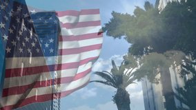 Gentle breeze lifting American flag, rippling folds obscuring and revealing glass office tower. Patriotism, skyscraper, urban, reflection, motion, outdoor, architecture - Powered by Shutterstock - Get 15% off with code: PIKWIZARD15
