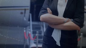 Opening chart revealing businesswoman smiling as bars moving and red trend line mapping aviation. Data, analytics, finance, innovation, strategy, professionalism, modern - Powered by Shutterstock - Get 15% off with code: PIKWIZARD15