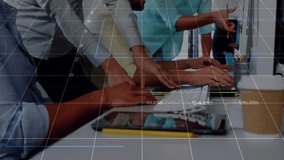 Man pausing typing and pointing screen team leaning analyzing for insights with animated graphs. Collaboration, data visualization, teamwork, innovation, digital analysis, professional, modern - Powered by Shutterstock - Get 15% off with code: PIKWIZARD15