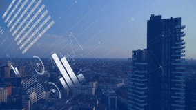 With infographics fading in over skyline, charts growing and gauges rotating to visualize city data. Urban, technology, dashboard, futuristic, innovation, cityscape, visualization - Powered by Shutterstock - Get 15% off with code: PIKWIZARD15