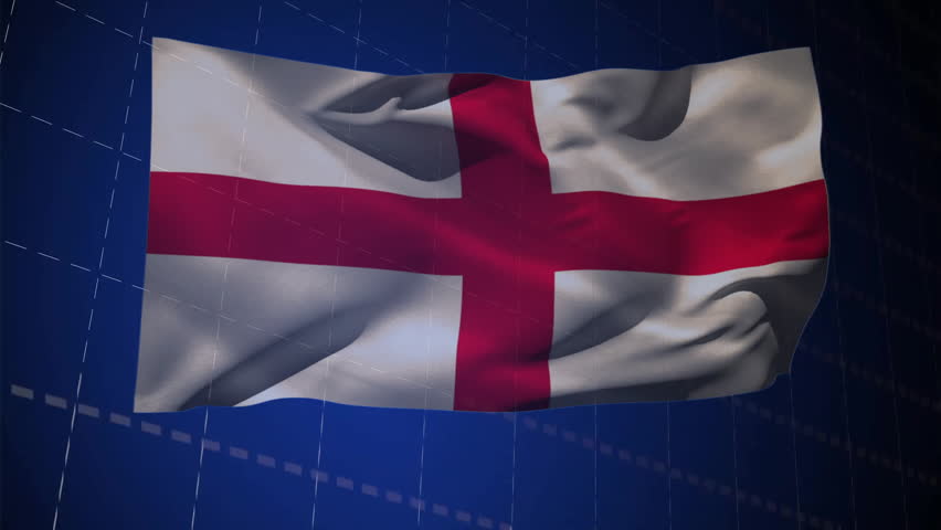 Flag bearing red St George's cross appearing on blue grid, sliding bars and line visualizing data. Patriotism, analytics, data visualization, corporate, modern, digital, innovation