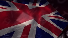 On start, Union Jack flag drifting, nodes appearing, charts pulsing to visualize market trends. Patriotism, digital, data, finance, technology, modern, symbolism - Powered by Shutterstock - Get 15% off with code: PIKWIZARD15