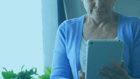 Senior woman lifting tablet by window and analyzing financial charts with swiping and pinching. Technology, finance, investment, data, analytics, minimalism, lifestyle - Powered by Shutterstock - Get 15% off with code: PIKWIZARD15