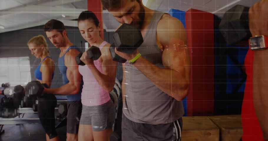 Gripping dumbbells, gym partners performing bicep curls while newcomer entering for muscle strength. Fitness, strength, teamwork, workout, motivation, athletic, exercise