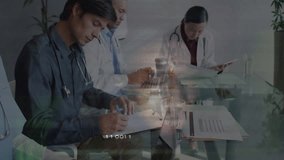 Medical team analyzing data on glass table as overlay emerging and highlighting doctor smiling. Healthcare, collaboration, technology, professionalism, diagnostics, digital, communication - Powered by Shutterstock - Get 15% off with code: PIKWIZARD15