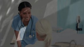 health data chart starting scrolling on clear overlay as nurse leaning over patient checking vitals. Medical, healthcare, technology, clinical, digital, compassionate, diagnostic - Powered by Shutterstock - Get 15% off with code: PIKWIZARD15