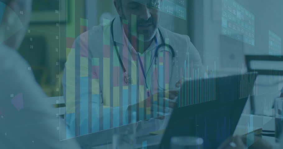 Physician opening laptop and displaying animated health charts while guiding patient understanding. Medical, consultation, data visualization, professional, digital, informative, clinical
