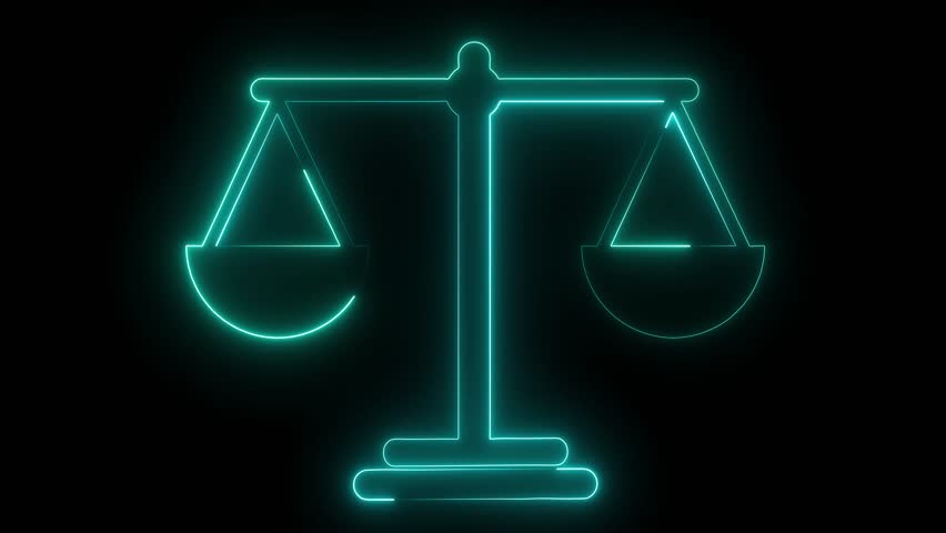 Justice scale neon glow animation for law, legal rights, and balance concept. A symbol of court, fairness, and the pursuit of truth and equality.