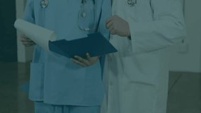 Nurse flipping chart and doctor pointing appearing data panels in hospital analyzing patient data. Medical, technology, futuristic, healthcare, collaboration, diagnostic, digital - Powered by Shutterstock - Get 15% off with code: PIKWIZARD15