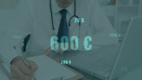 Doctor sitting recording finance data on clipboard generating currency streams around laptop. Professional, analytical, minimalist, corporate, digital, financial, focused - Powered by Shutterstock - Get 15% off with code: PIKWIZARD15