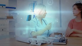 doctor at desk pointing stethoscope as health data circles linking around patient for metric review. Professional, healthcare, digital, visualization, collaboration, technology, analysis - Powered by Shutterstock - Get 15% off with code: PIKWIZARD15