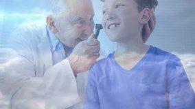 Doctor performing otoscopic exam guiding boy's head as network graphics intensifying for diagnosis. Medical, technology, innovation, health, diagnosis, digital, pediatric - Powered by Shutterstock - Get 15% off with code: PIKWIZARD15