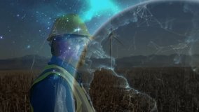 Field technician standing in cornfield at dusk activating digital globe mapping network data flow. Technology, connectivity, innovation, digital, communication, infrastructure, futuristic - Powered by Shutterstock - Get 15% off with code: PIKWIZARD15