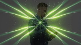 Man tapping then swiping smartphone screen and intensifying green beam animation in technology demo. Futuristic, technology, innovation, digital, interface, hologram, ambient - Powered by Shutterstock - Get 15% off with code: PIKWIZARD15