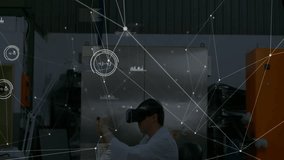 Engineer sitting at lab putting on VR headset and analyzing floating manufacturing data nodes. Technology, innovation, visualization, industrial, futuristic, interaction, analysis - Powered by Shutterstock - Get 15% off with code: PIKWIZARD15