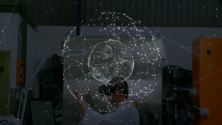 Man placing VR headset and manipulating rotating network sphere for data exploration in workshop. Technology, innovation, digital, interface, futuristic, immersive, engineering - Powered by Shutterstock - Get 15% off with code: PIKWIZARD15