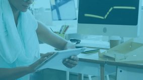 Businesswoman tapping tablet and updating bubble count to 77 and tracking growth on line graph. Technology, productivity, analytics, communication, modern, workspace, innovation - Powered by Shutterstock - Get 15% off with code: PIKWIZARD15