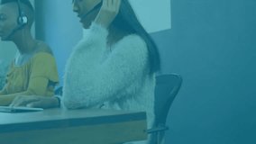 Call center agents typing and speaking causing overlays updating metrics while supervisor assisting. Collaboration, technology, data analytics, professional, digital, communication, teamwork - Powered by Shutterstock - Get 15% off with code: PIKWIZARD15