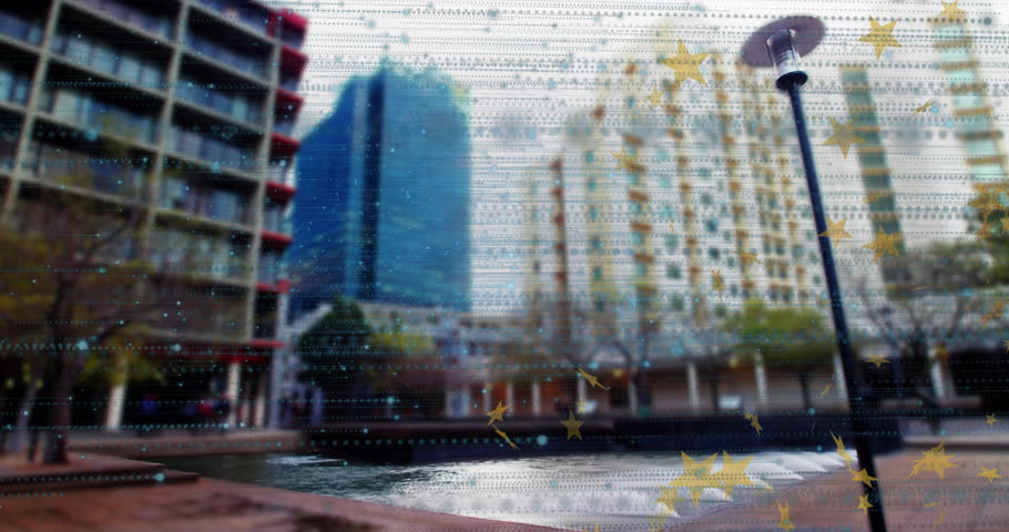digital overlay starting third frame, spreading stars while water jets pulsing over reflecting pool. Urban, modern, minimalist, reflective, technological, cityscape, ambience