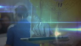 Man in yellow shirt tapping tablet and initiating data node and building tech network visualization. Technology, innovation, connectivity, digital, interface, collaboration, futuristic - Powered by Shutterstock - Get 15% off with code: PIKWIZARD15