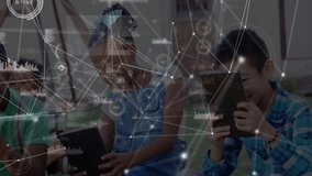 Children tapping tablets on playground lawn activating animated data charts for education. Technology, innovation, education, collaboration, outdoor, youthful, digital - Powered by Shutterstock - Get 15% off with code: PIKWIZARD15