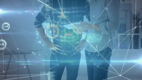 Two colleagues pointing at data point on document in office, reviewing and signing with holograms. Professional, collaboration, technology, data, innovation, workspace, futuristic - Powered by Shutterstock - Get 15% off with code: PIKWIZARD15