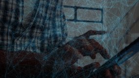 Man tapping touchscreen device, pulling back showing man studying tech network overlay data in loft. Technology, communication, modern, innovation, connectivity, workspace, concentration - Powered by Shutterstock - Get 15% off with code: PIKWIZARD15