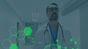 Doctor entering corridor and activating AR hexagons, code and 3D brain hologram for health data. Medical, technology, futuristic, healthcare, innovation, simulation, digital - Powered by Shutterstock - Get 15% off with code: PIKWIZARD15