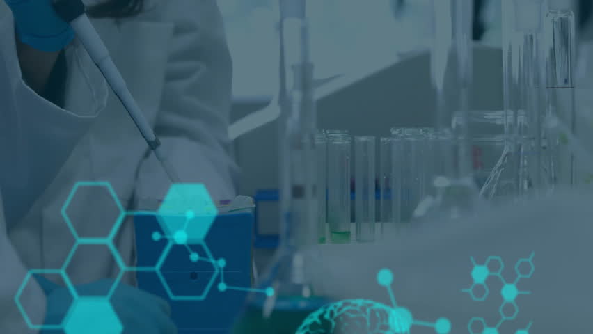 Research scientist handling pipette tip starting hexagon graphics overlay for brain code analysis. Laboratory, biotechnology, digital, innovation, science, analysis, research - Powered by Shutterstock - Get 15% off with code: PIKWIZARD15