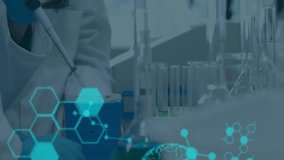 Research scientist handling pipette tip starting hexagon graphics overlay for brain code analysis. Laboratory, biotechnology, digital, innovation, science, analysis, research - Powered by Shutterstock - Get 15% off with code: PIKWIZARD15